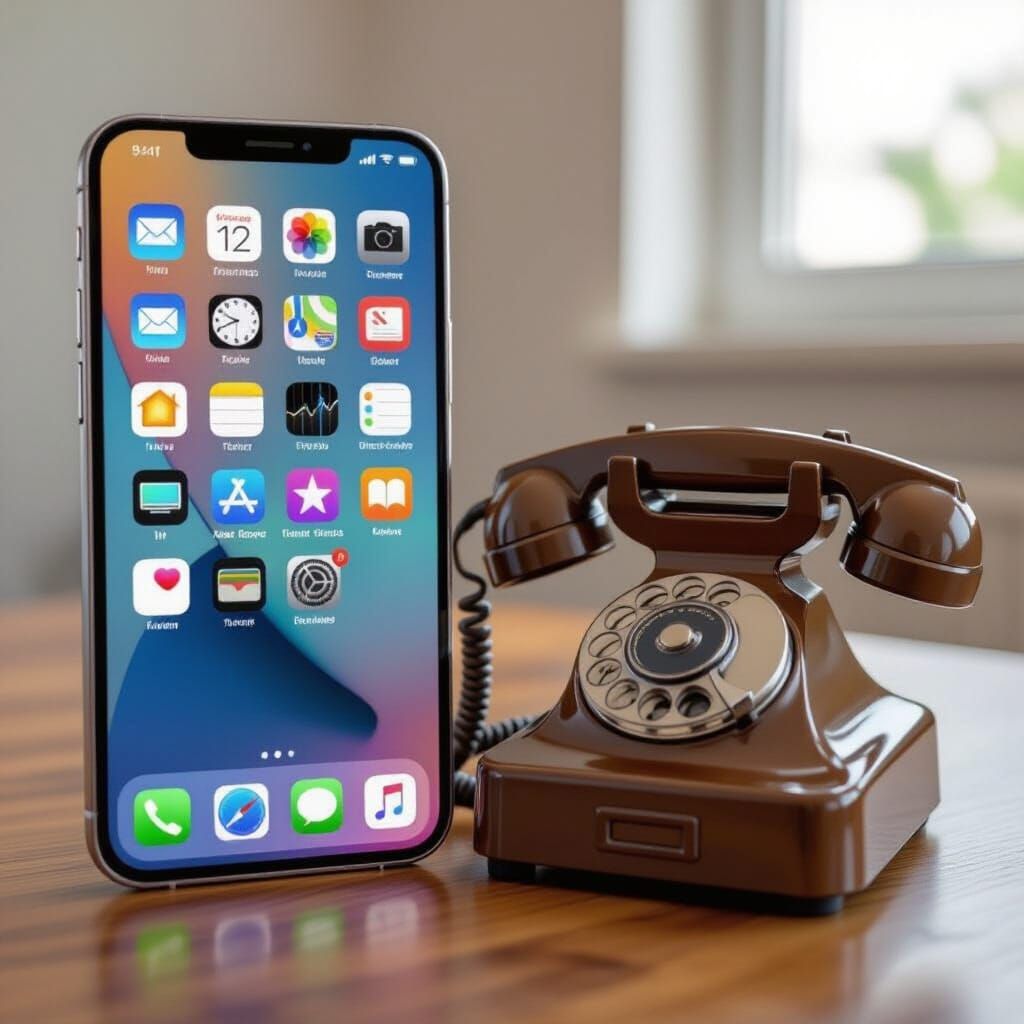 Modern Smartphone Beside Vintage Rotary Phone