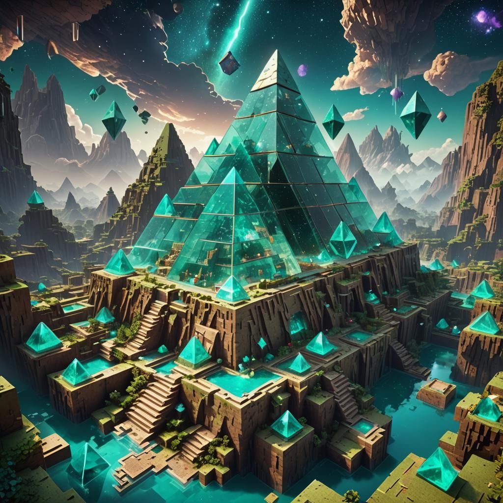 Turquoise Pyramids Float Through Cosmic Minecraft Realm