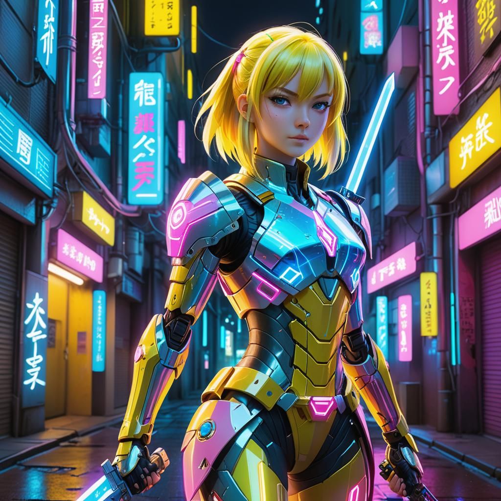 Cybernetic Girl with Holographic Sword in Anime Style