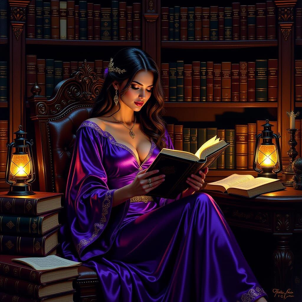 Enchanting Mage Reads in Fantasy Library, Oil Painting Style