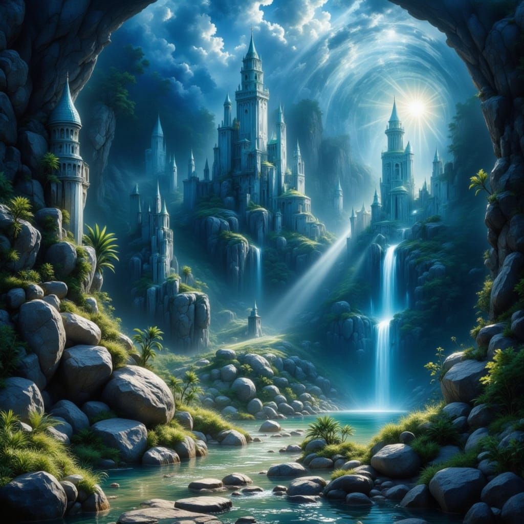 Opalescent Moonbeams Light Ancient Underwater Temple