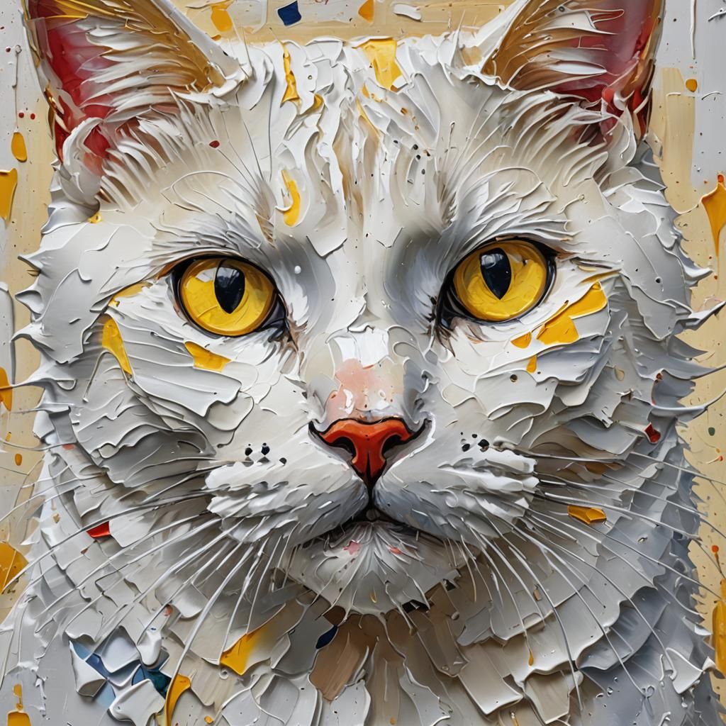Expressive White Cat Portrait in Impasto Oil Painting