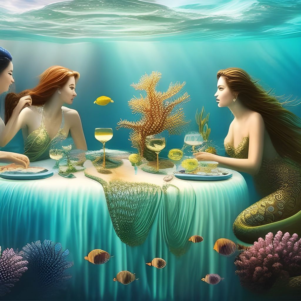 Gorgeous Mermaids Drinking Wine Under Water: Photorealistic ...
