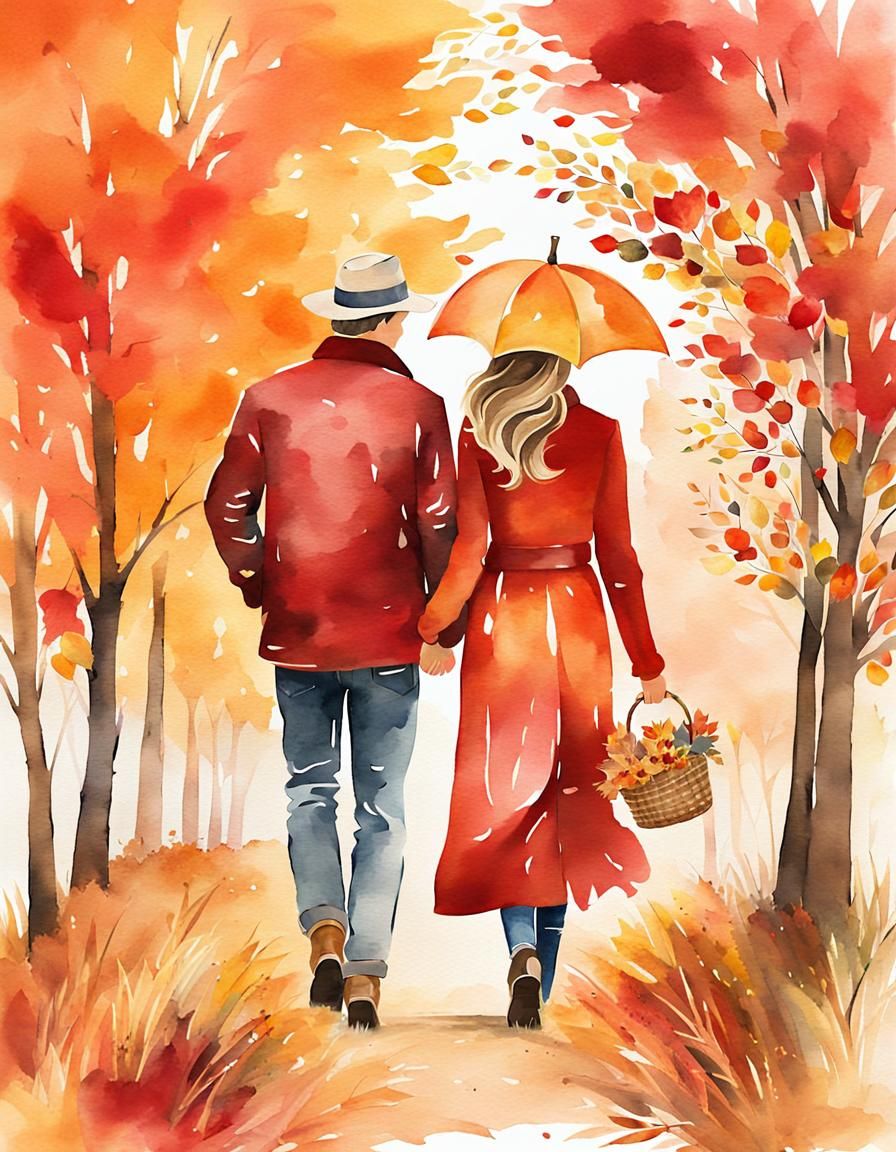 Cozy Autumn Landscape in Warm Watercolor Style