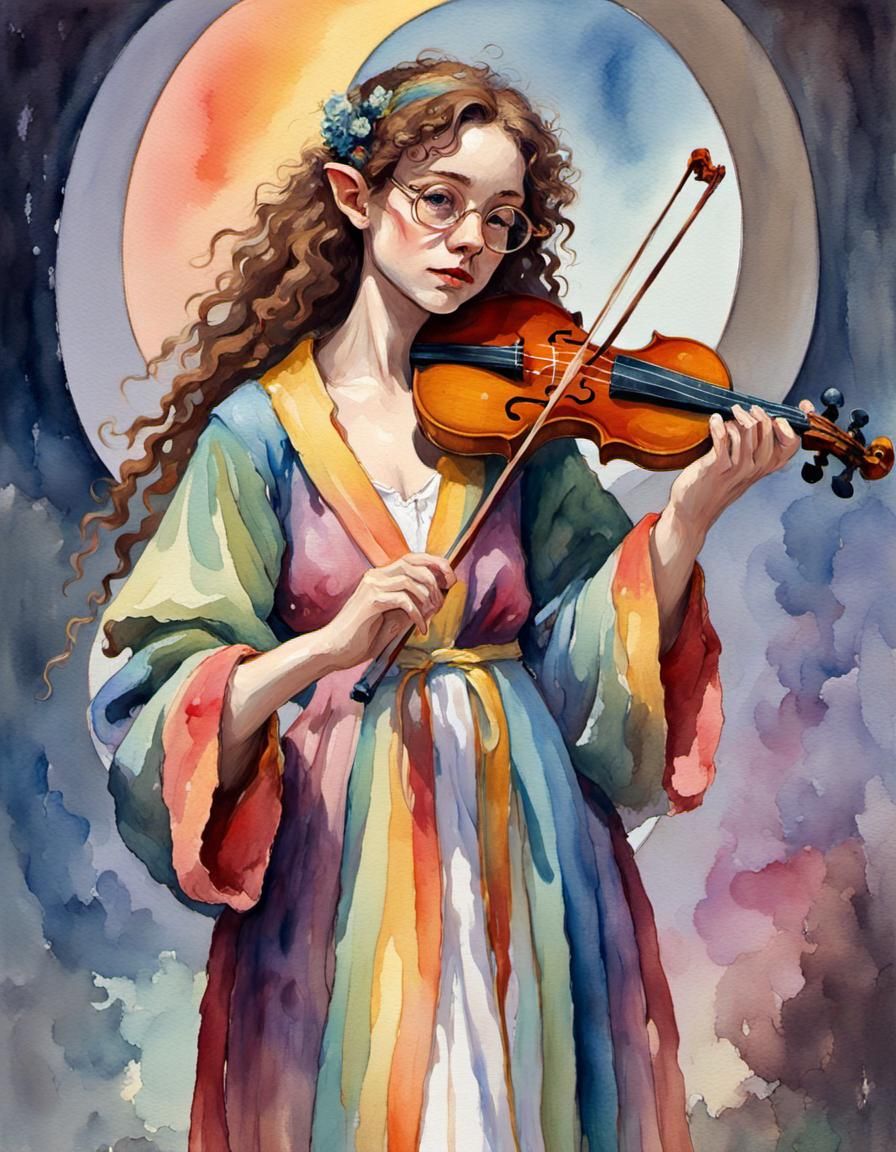Elf Bard in Rainbow Robe: Gouache Impressionist Style