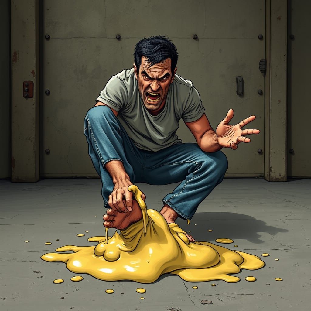 Stuck Man in Desperate Struggle