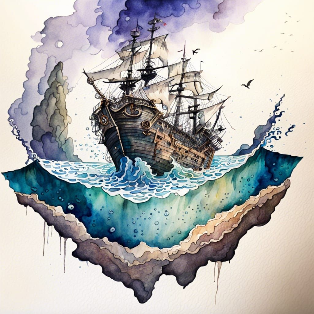 Watercolor Painting of a Sinking Pirate Ship