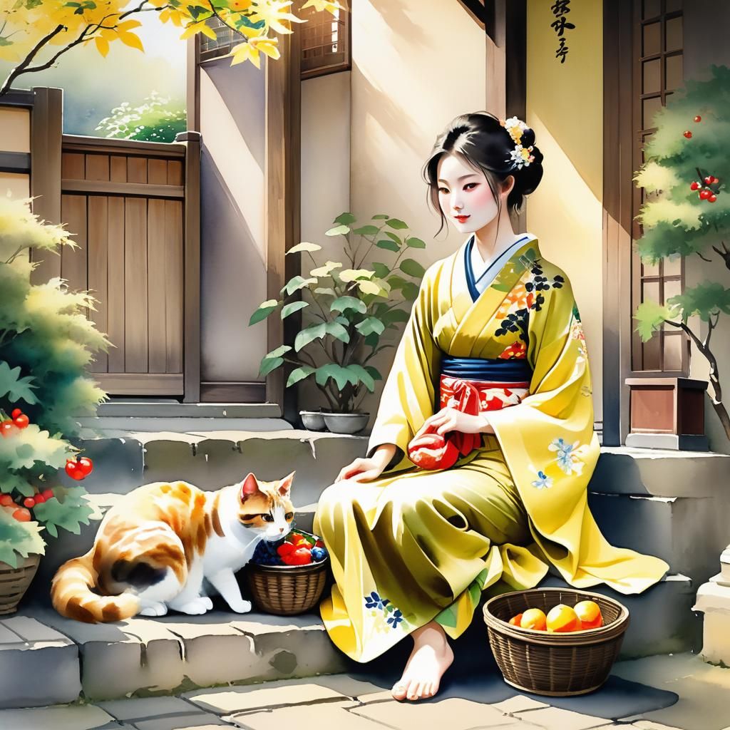 beautiful woman  sitting on the doorstep of her rustic house...