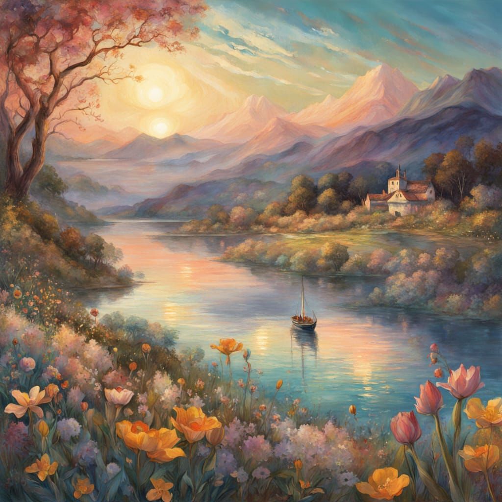 Watercolor Lake Sunset With Boats and Mountain