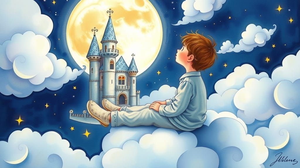 Whimsical Watercolor Moonlit Scene with Boy on Cloud