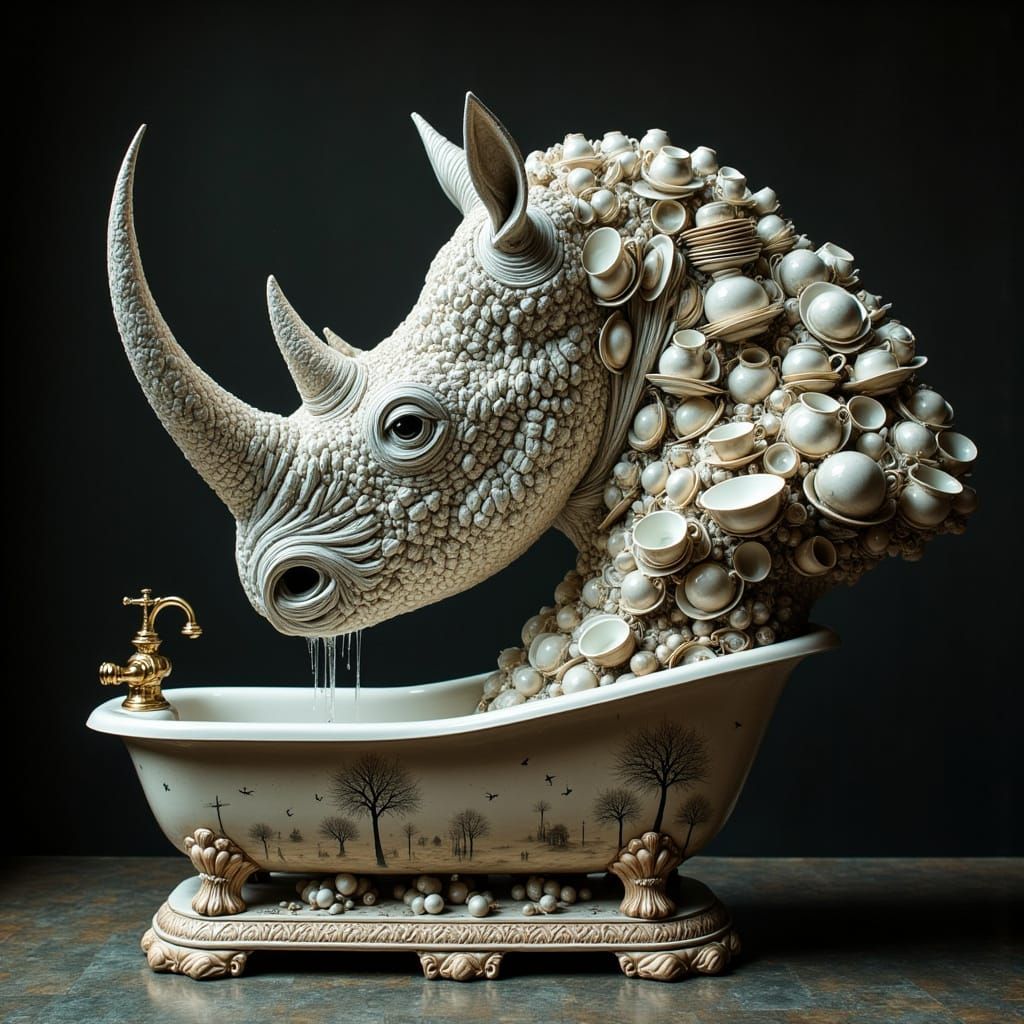 Rhino Bust of Porcelain Teacups with Faucet Horn