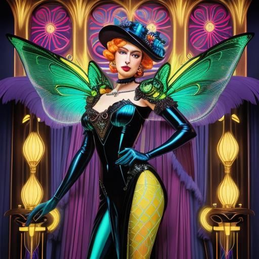 Art Deco Cabaret Dancer with Neon Dragonfly Wings