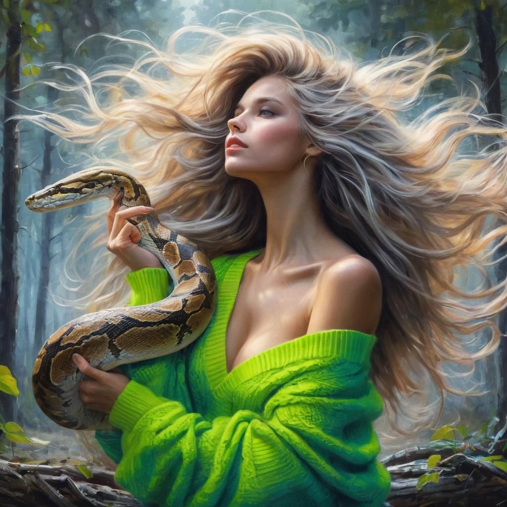 Woman with Python in Impressionist Portrait
