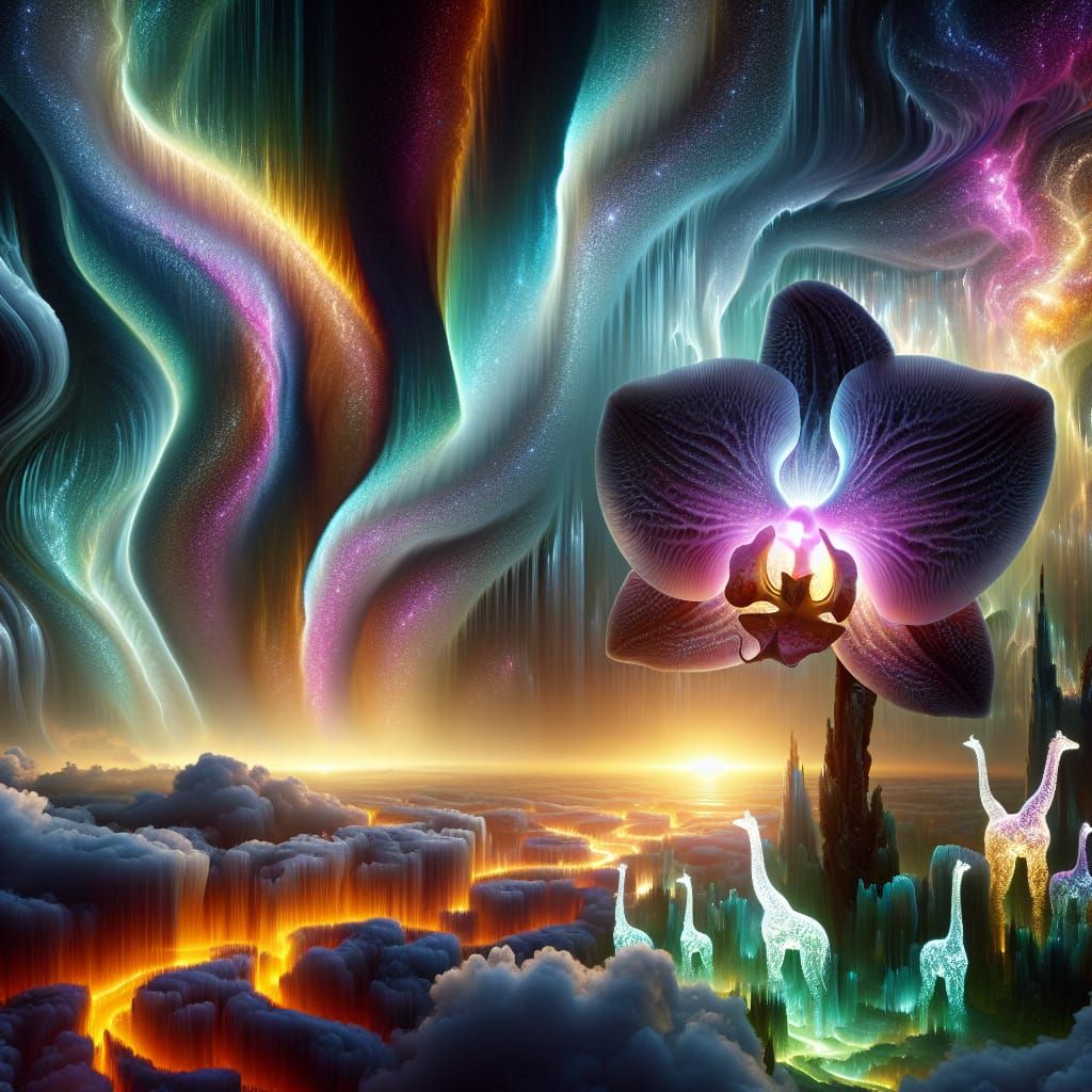 Chiaroscuro Landscape with Iridescent Orchid and Neon Giraff...
