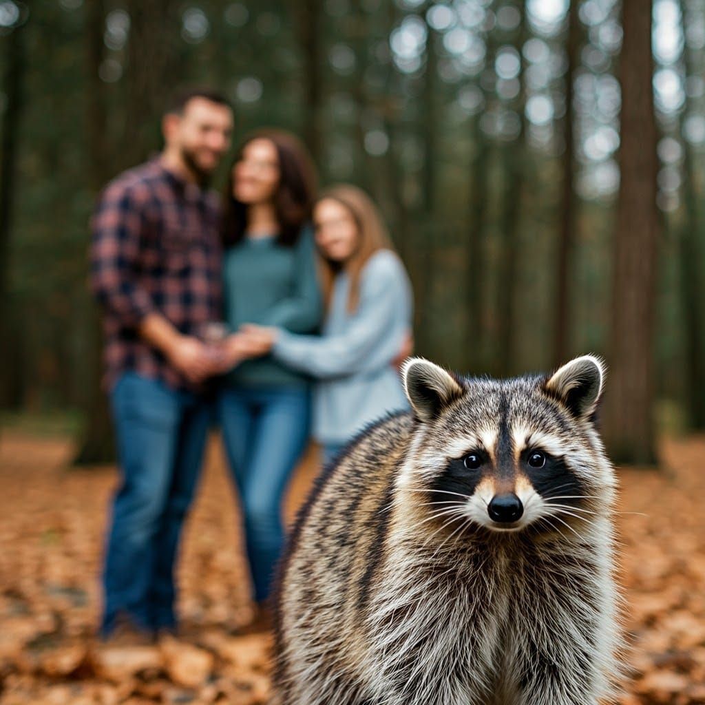 Raccoon Photobombs Family Picnic in Dusky Twilight