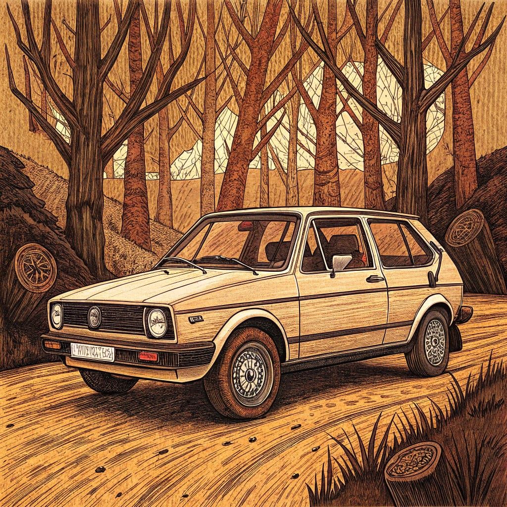 Volkswagen Rabbit in Earthy Woodcut Style