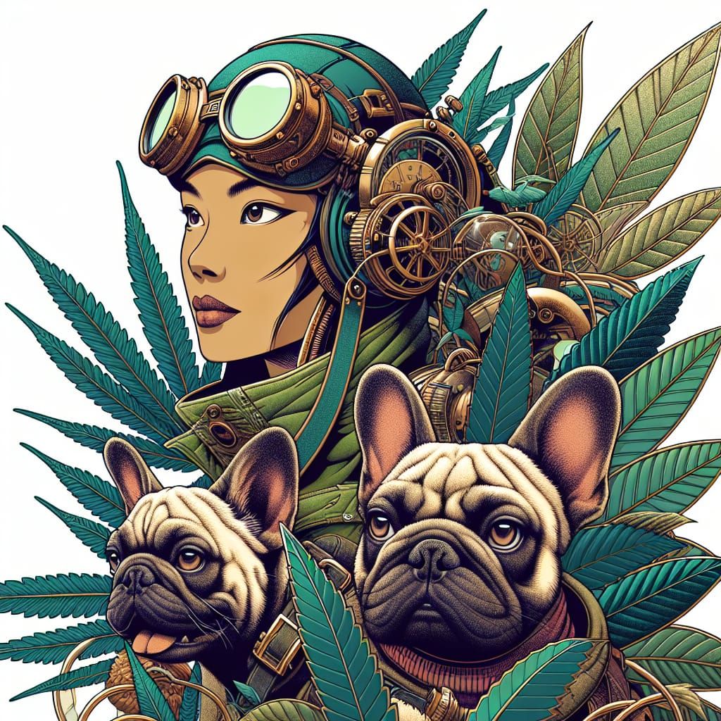 Steampunk South Asian Woman with French Bulldogs