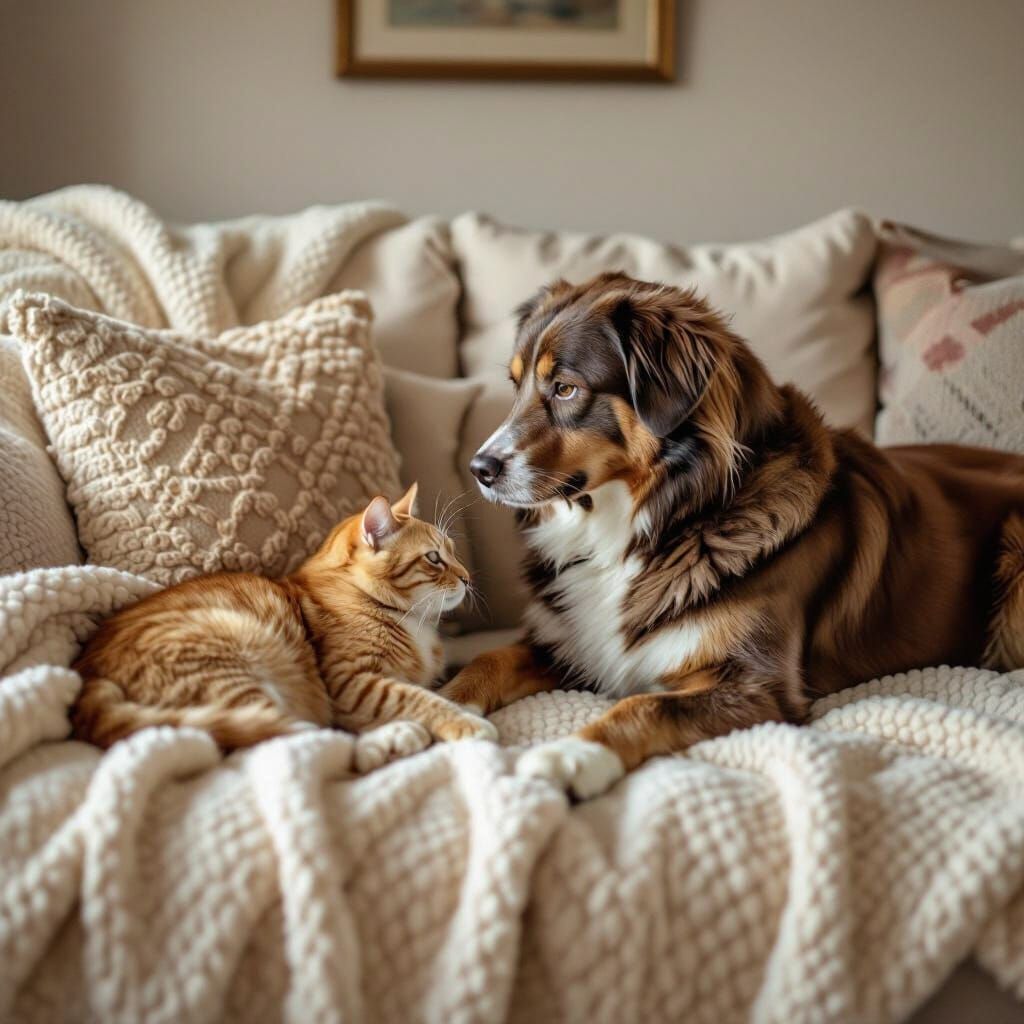 Dog and Cat Cuddle in Cozy Living Room