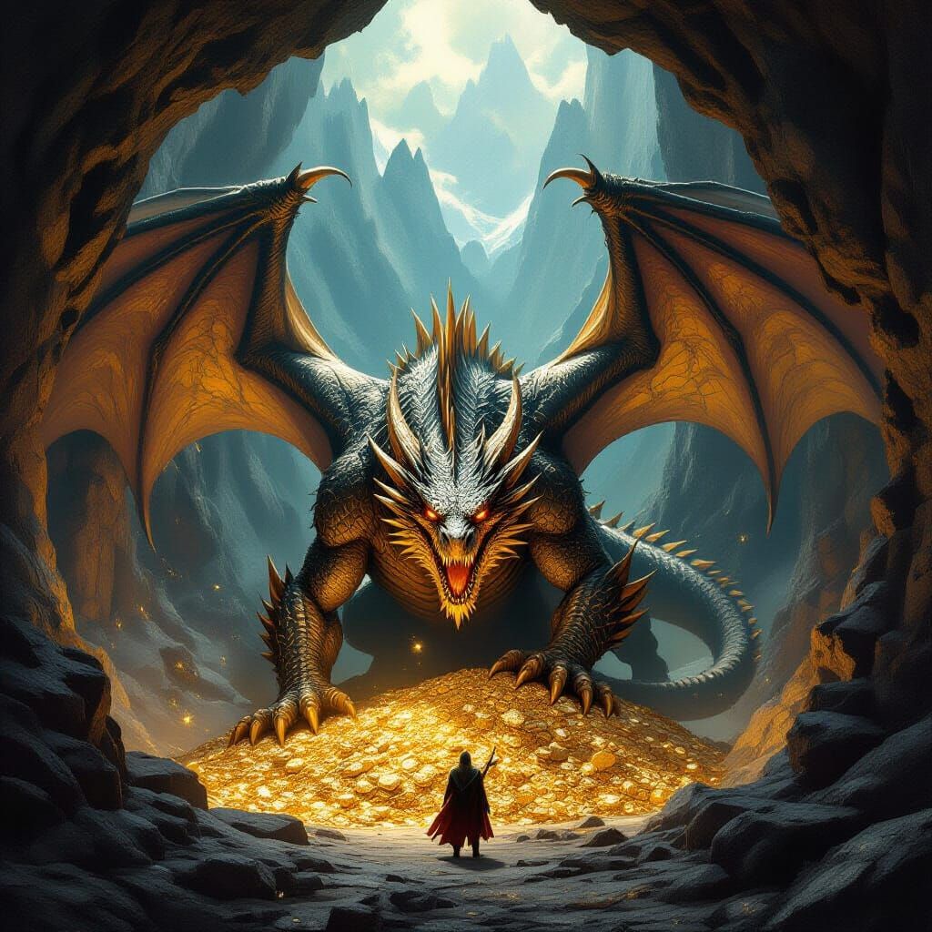 Giant Dragon Guards Treasure in Epic Fantasy Cavern