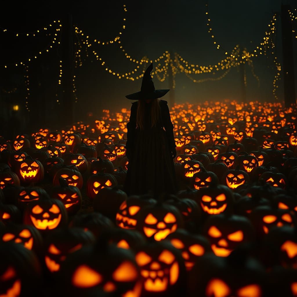 Eerie Witch Among Glowing Jack-o-Lanterns: Gothic Art