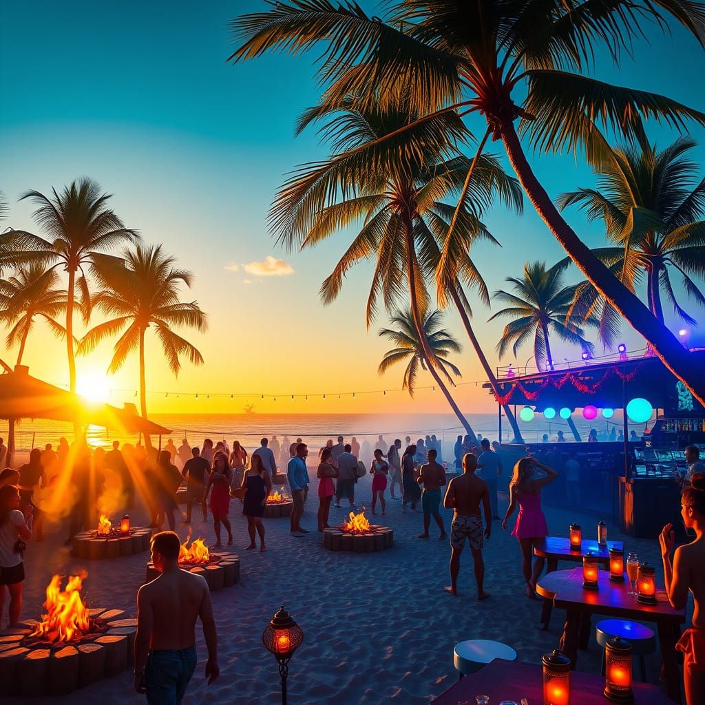 Surreal Beach Party Scene in Vibrant Colors