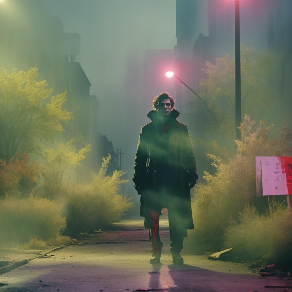 Gritty Film Noir Protester in Abandoned Street