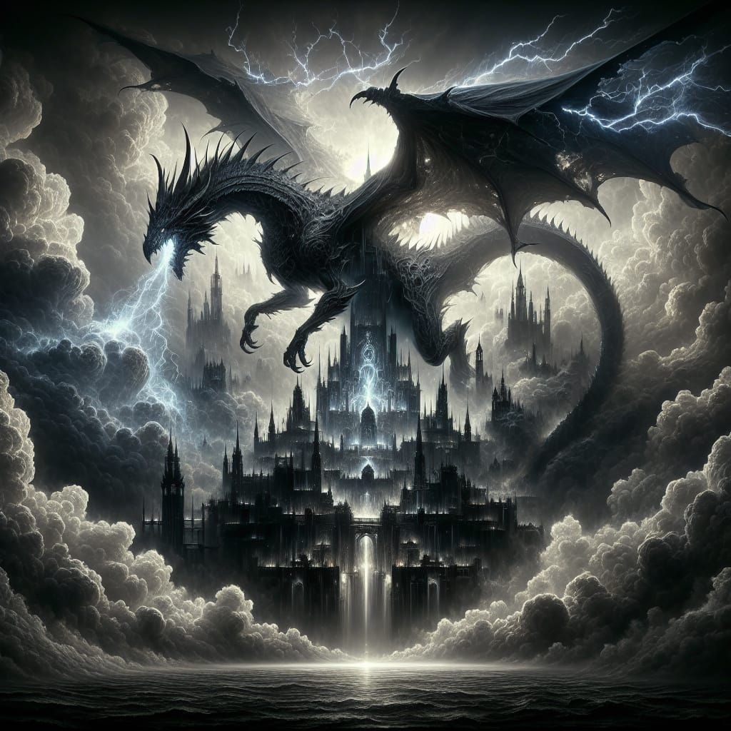 Majestic Black Dragon Soaring in Stormy Sky