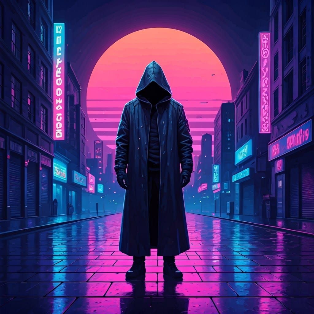 Neon Cityscape with Cloaked Figure in Cyberpunk Style