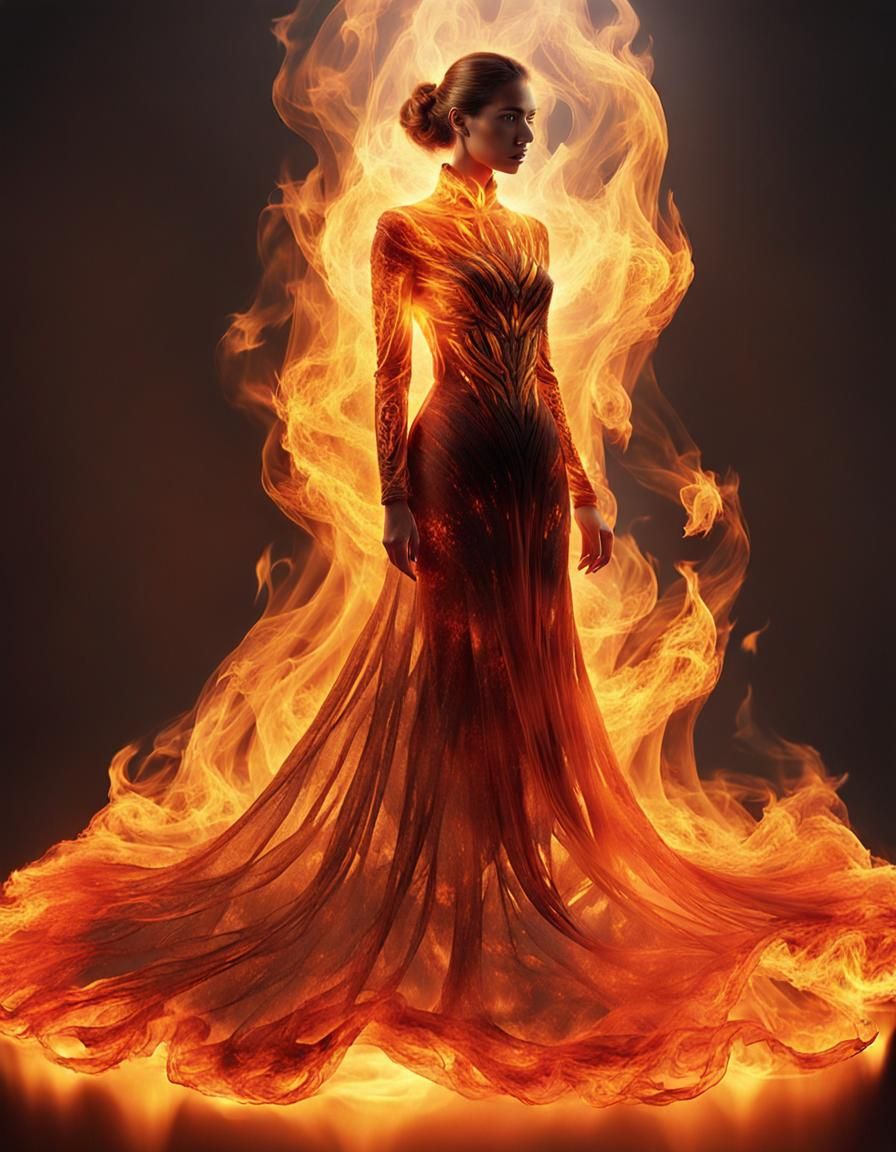 Ethereal Woman Made of Fire in Flame Dress