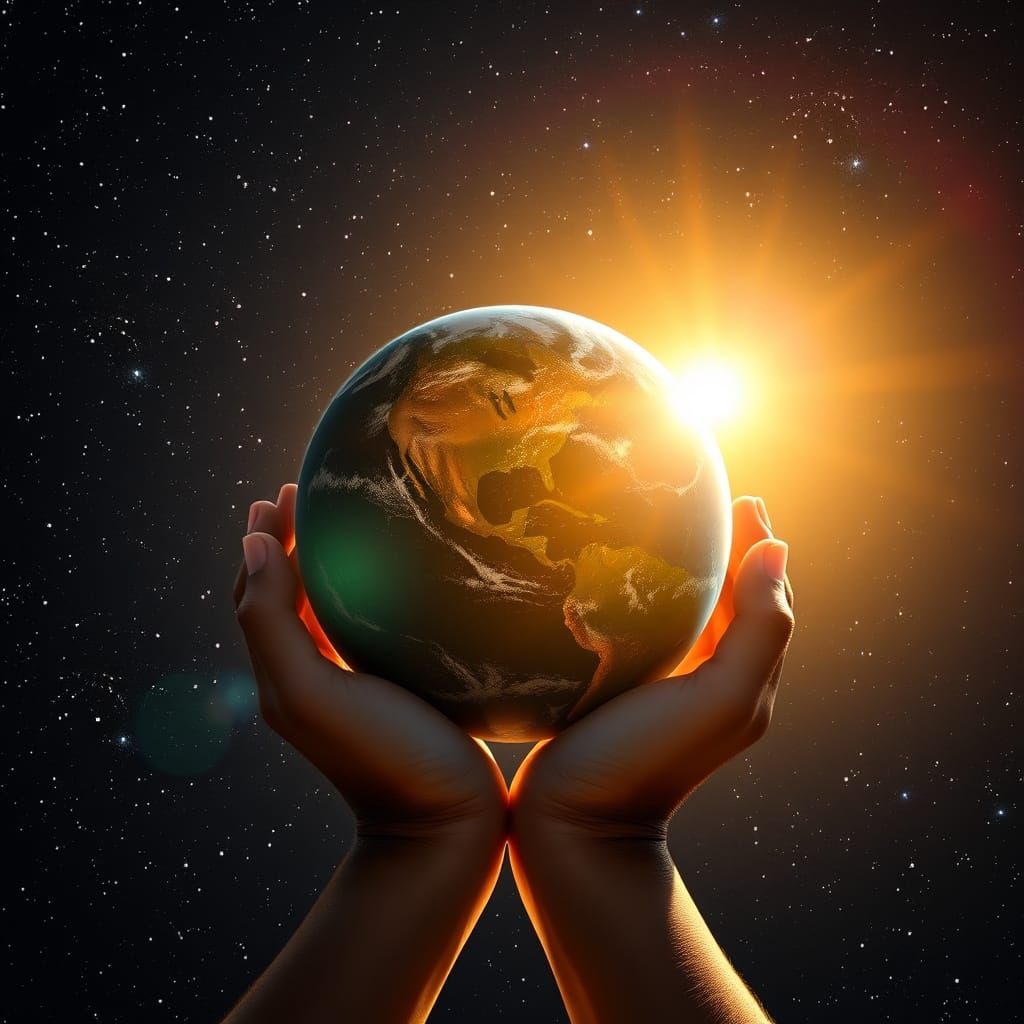 Nurturing Hands Hold Earth in Golden Hour Cosmic Vista