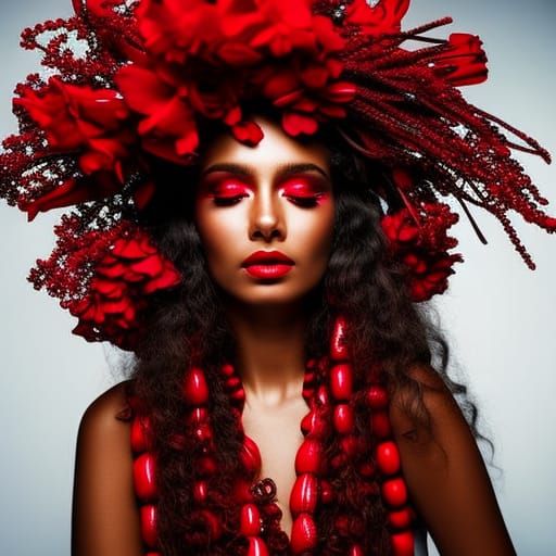 Young Hawaiian Woman with Red Flowers and Neon Makeup