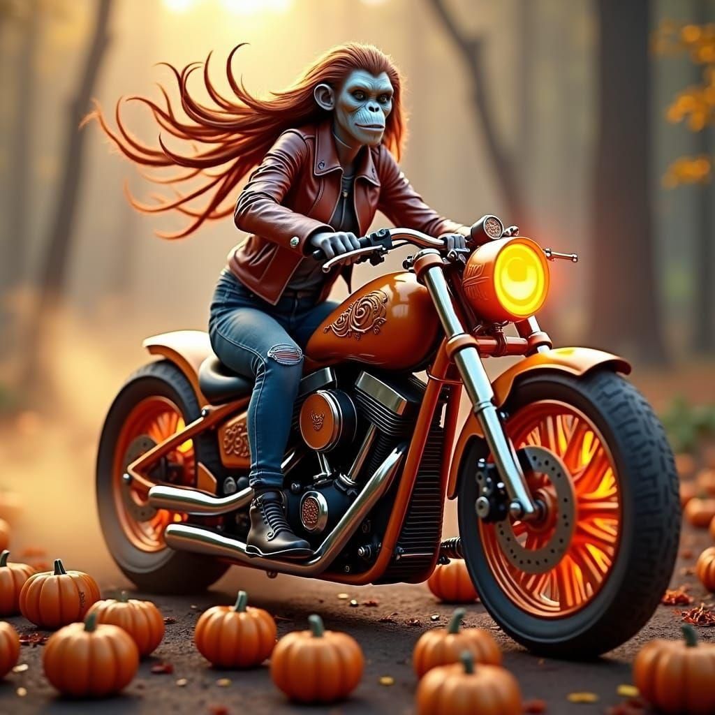 Halloween Orangutan Hybrid on Motorcycle, Detailed Matte Pai...