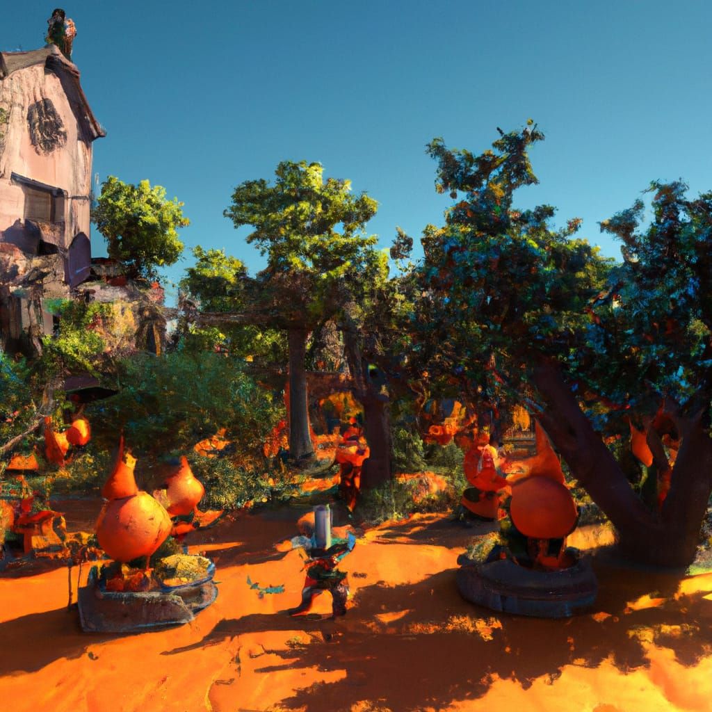 Gnomes Cultivating Orange Grove: Fantasy Concept Art