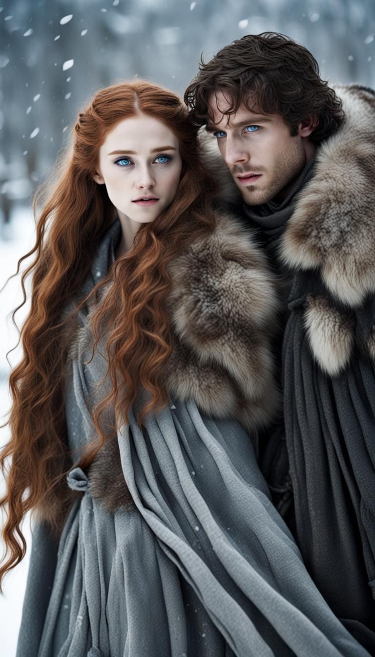 Fantasy Girl and Man in Fur in Snowy Scene