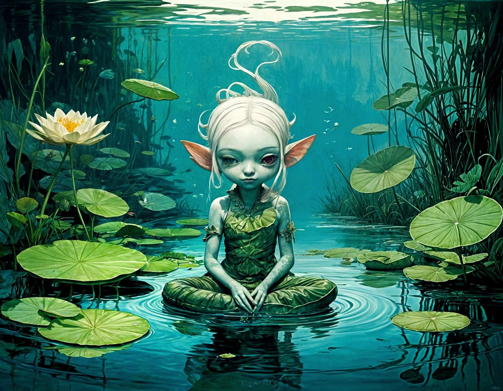 Whimsical Water Lily Creature Emerges from Pond