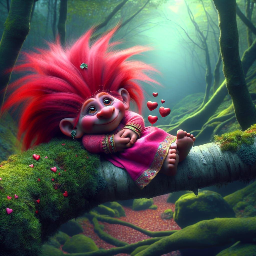 Lucky troll from Denmark with red bristly hair, wearing a pink dress,