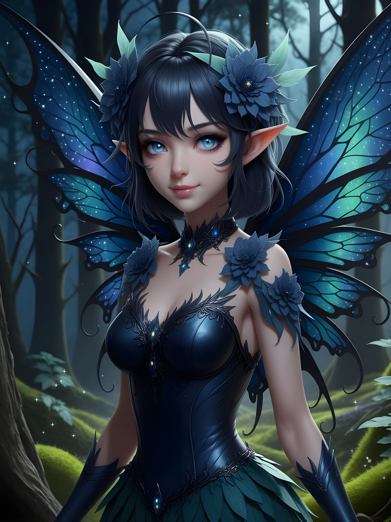 Ethereal Dark Flower Fairy in Anime Style