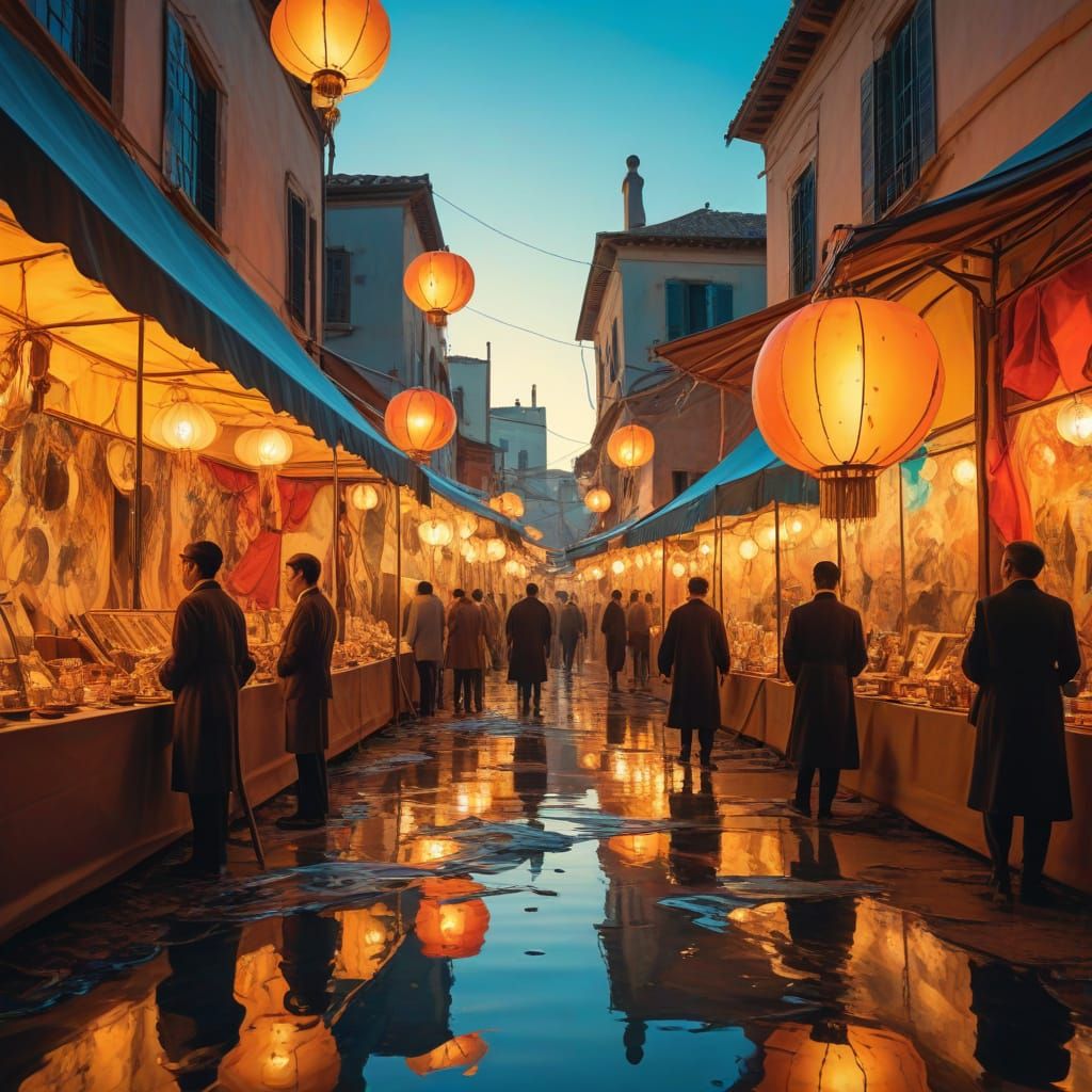 Surreal Night Market Scene in Vibrant, Dreamlike Colors