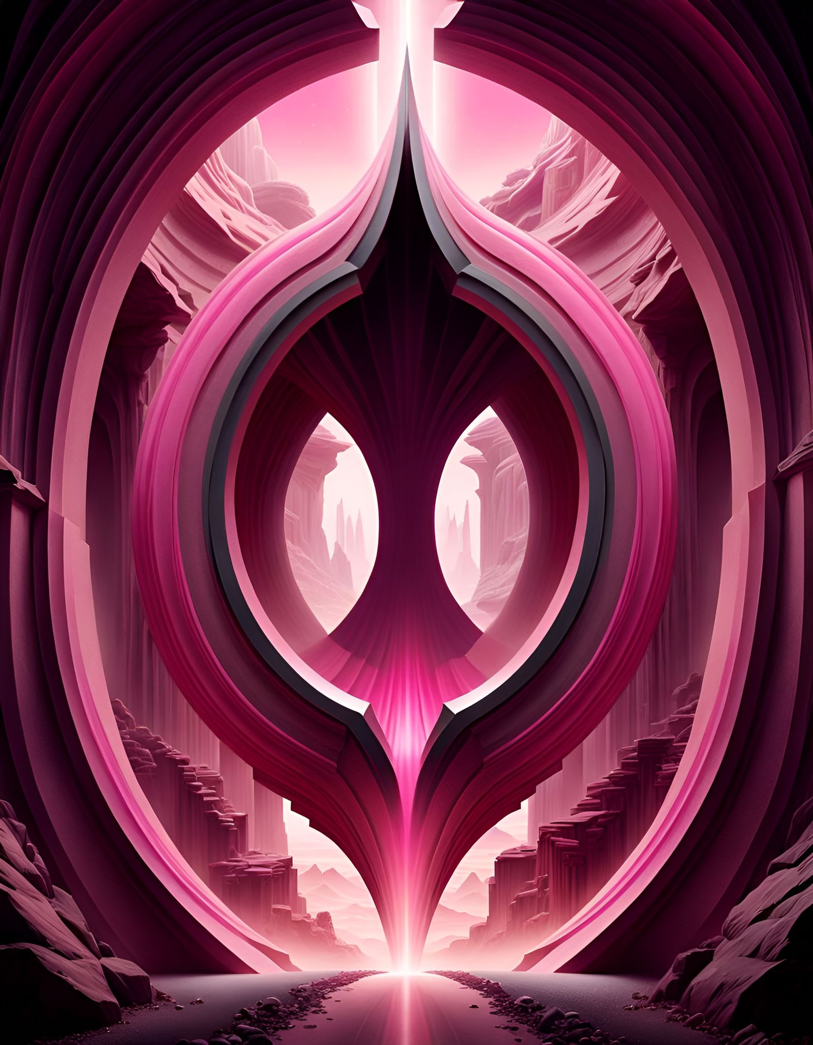 Hyperrealistic Pink Portal Between Fantasy Worlds