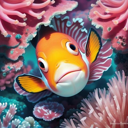Smiling Clownfish in Pink Anemone: Surreal Digital Art