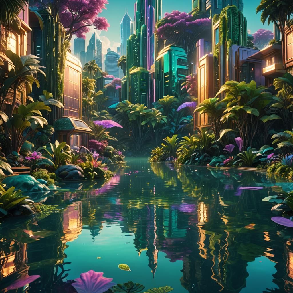 Lush Alien City with Water Reflections in Digital Art