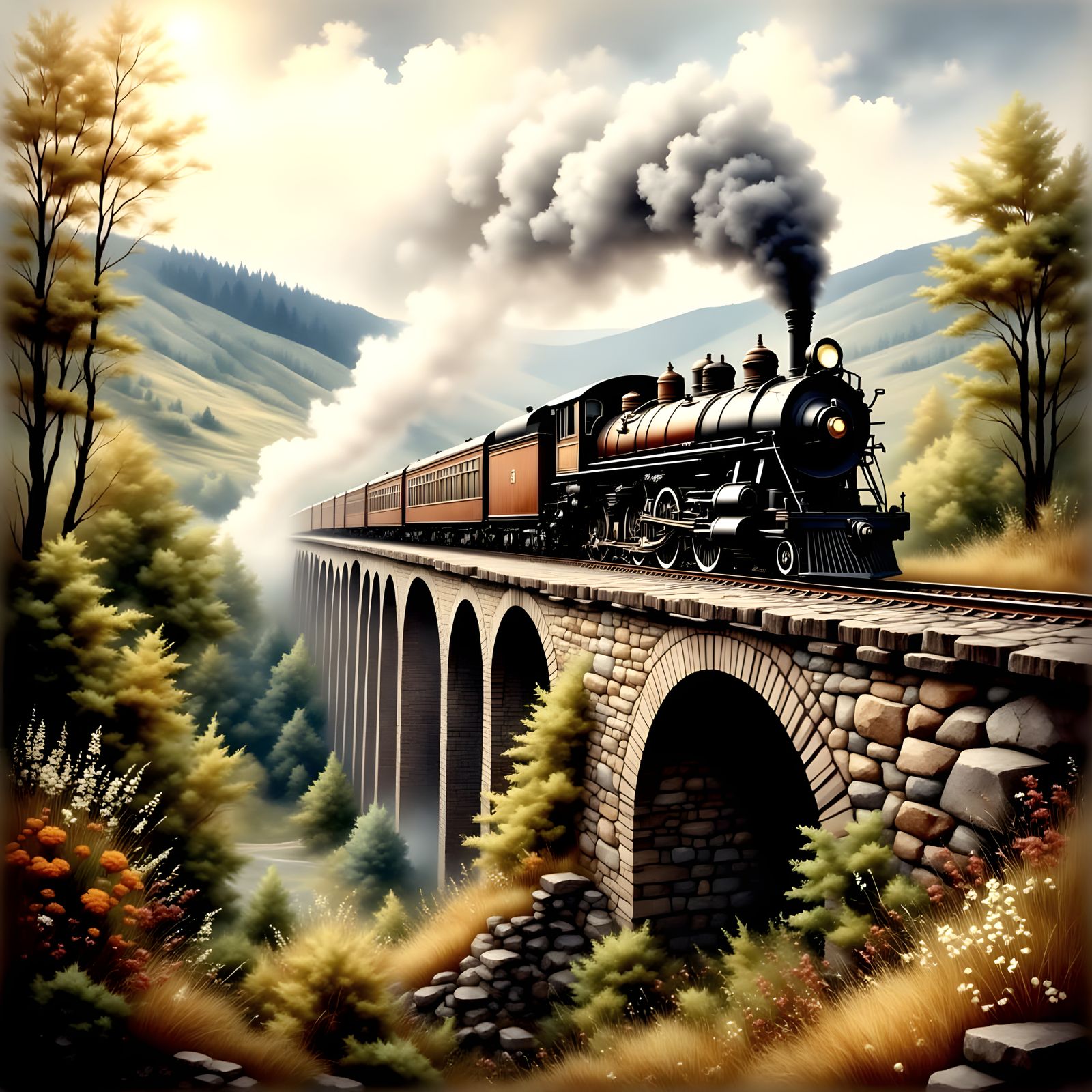 Vintage Steam Locomotive on a Hillside Bridge
