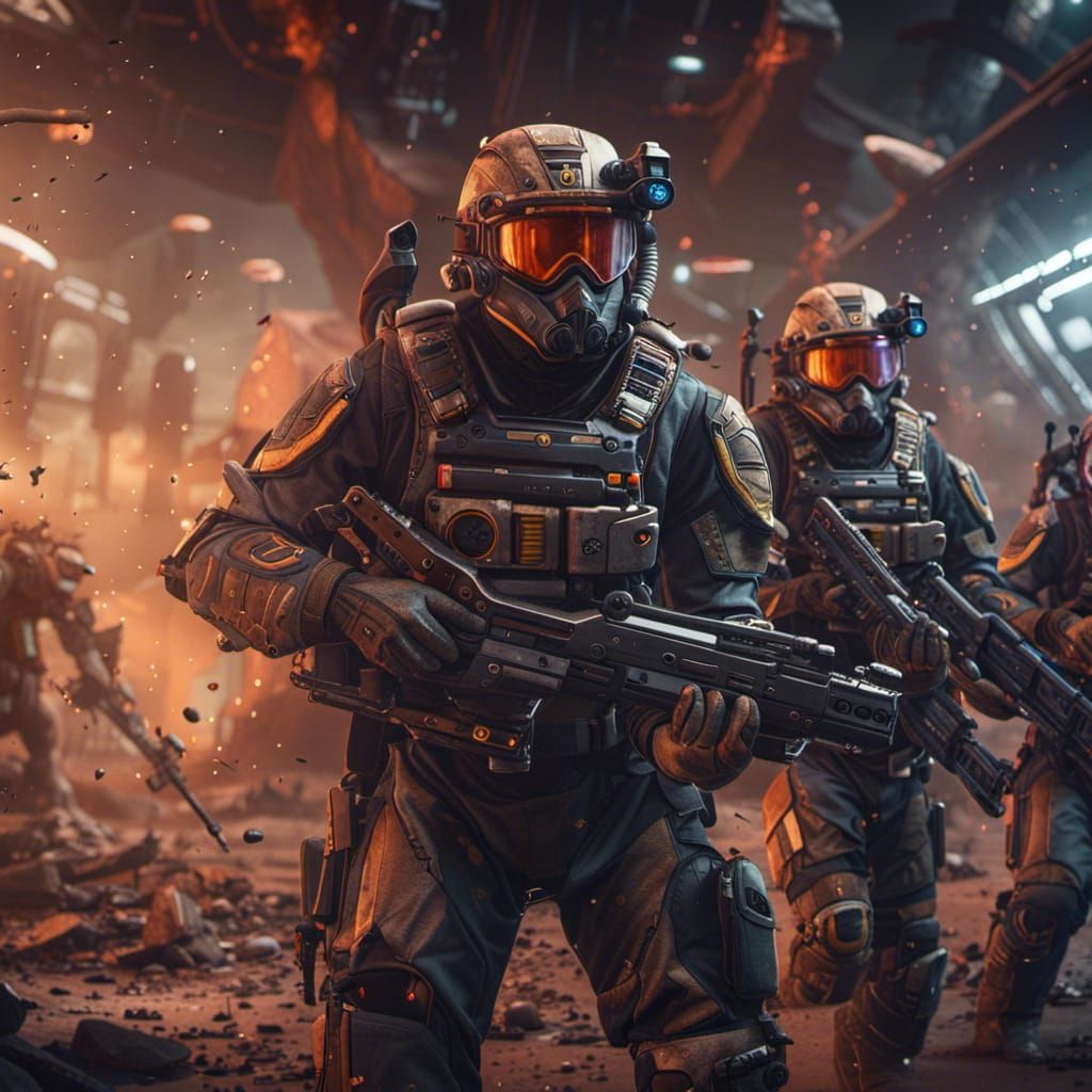 Sci-Fi Soldiers in Combat: Detailed Matte Painting