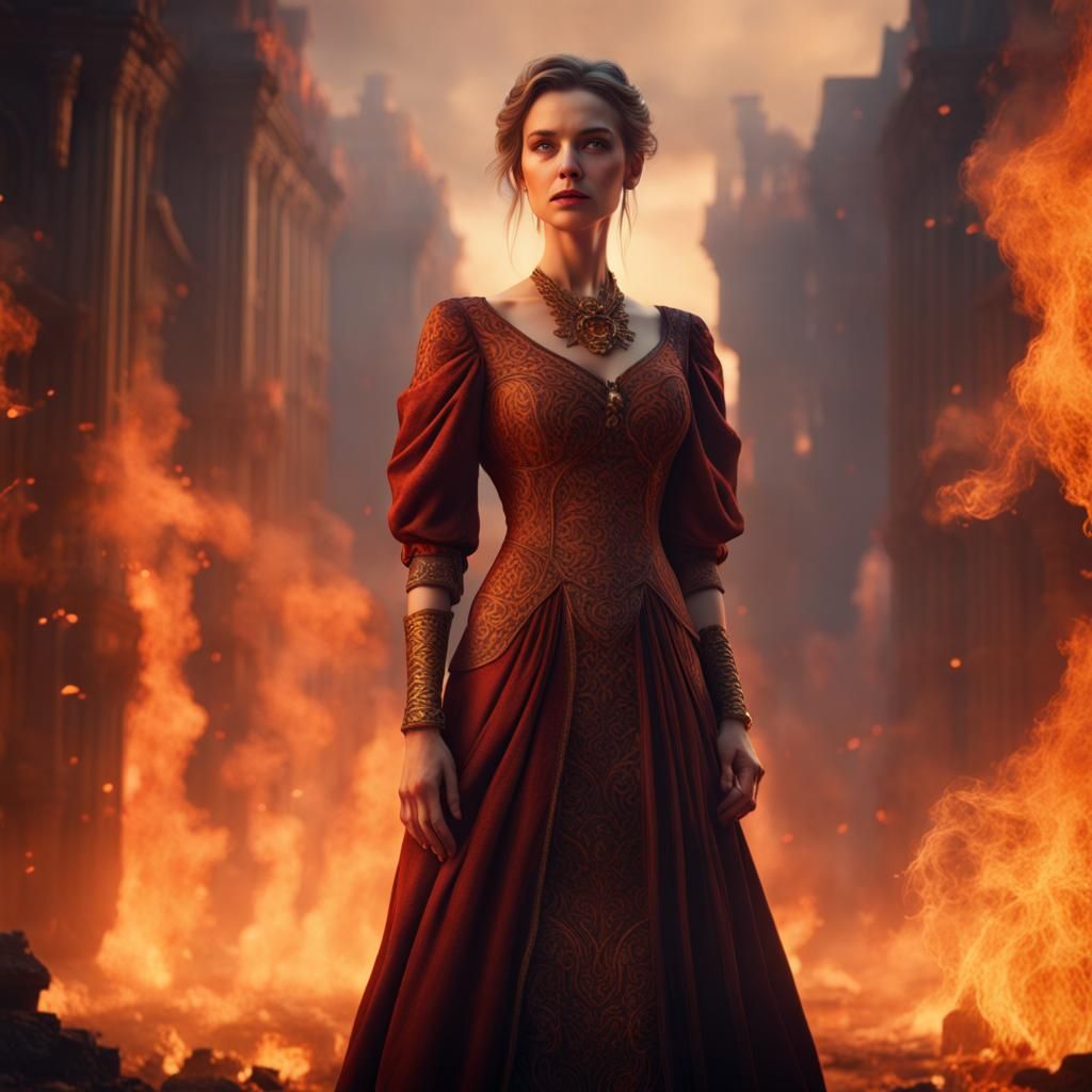 Elegant Woman in Fire, Detailed Matte Painting