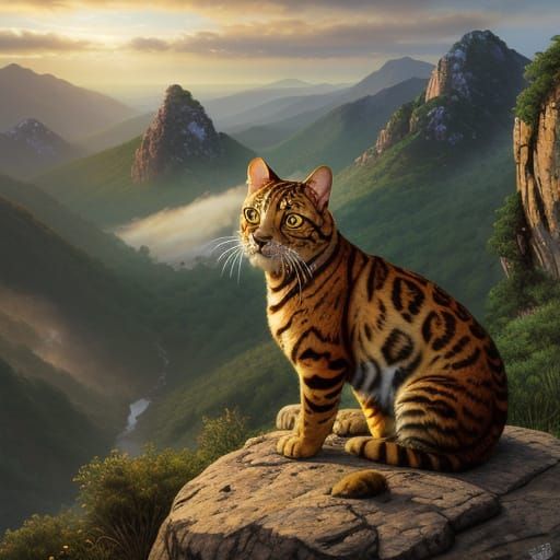 Bengal Cat Portrait on Misty Mountain Peak