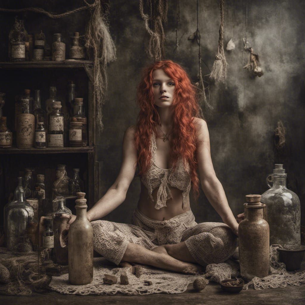 Monochromatic Yogini with Antique Apothecary Bottles