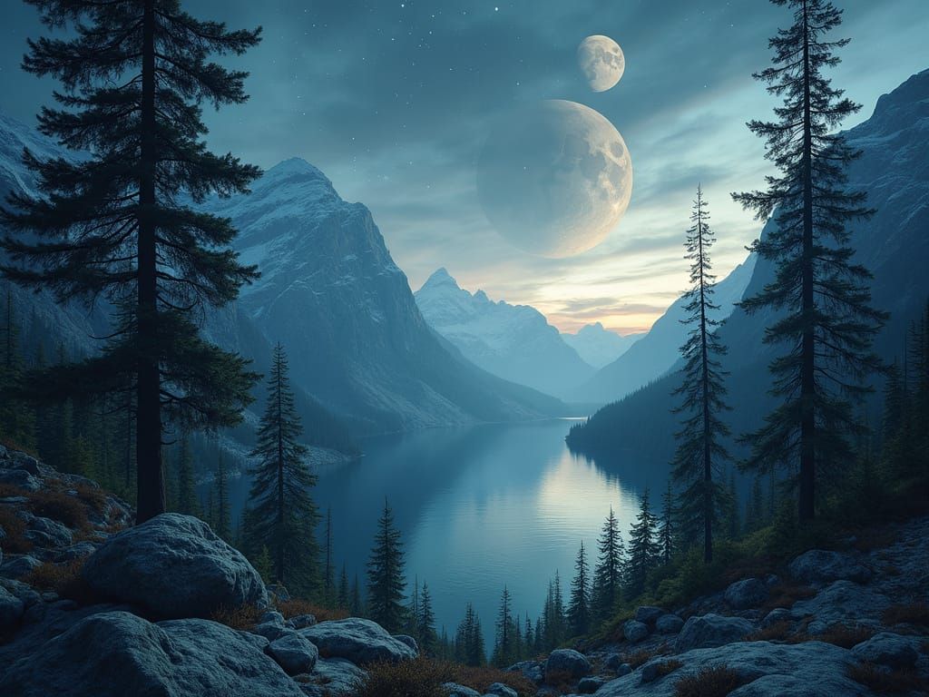 Tilted Norse Fjord Under Moon, Cinematic Lighting