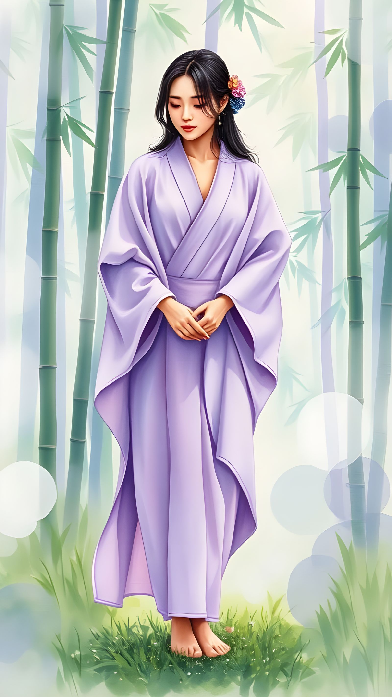 Japanese Woman in Kimono, Watercolor Art