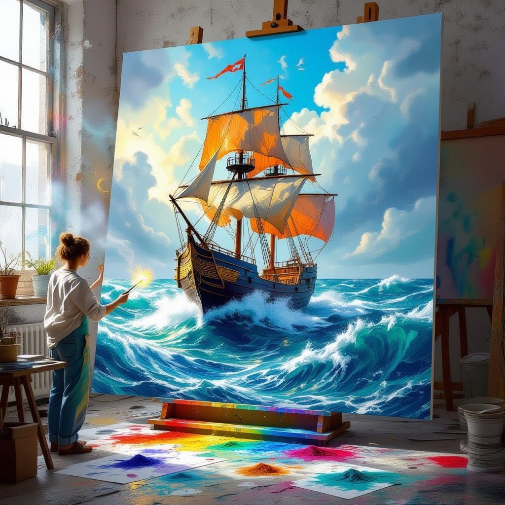 Artist Paints Ship Battle in Surreal Studio