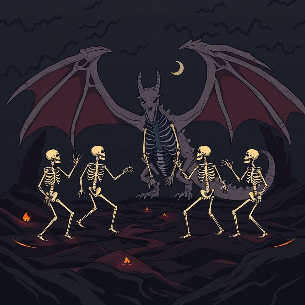 Skeletons' Ritual Dance Around a Bone Dragon